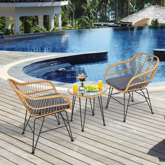 3 Pieces Rattan Furniture Set with Cushioned Chair Table-Gray - Set Shop and Smile