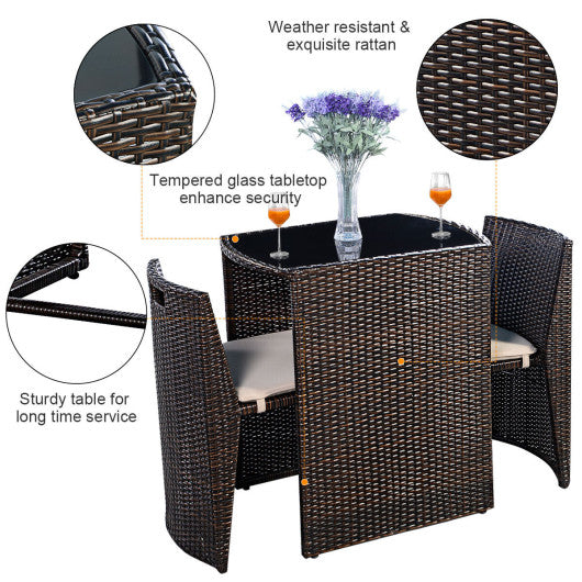 3 Pieces Cushioned Outdoor Wicker Patio Set with No Assembly Needed