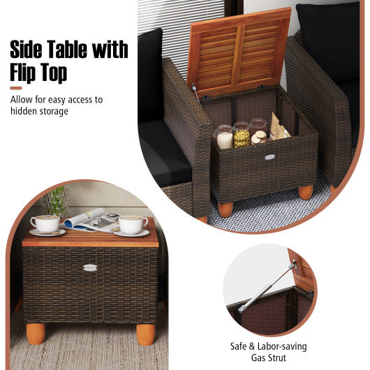 3 Pieces Patio Rattan Bistro Furniture Set with Wooden Table Top-Black