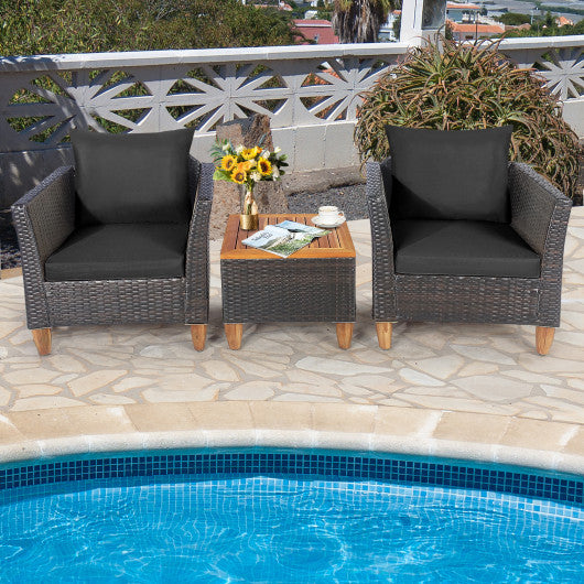 3 Pieces Patio Rattan Bistro Furniture Set with Wooden Table Top-Black