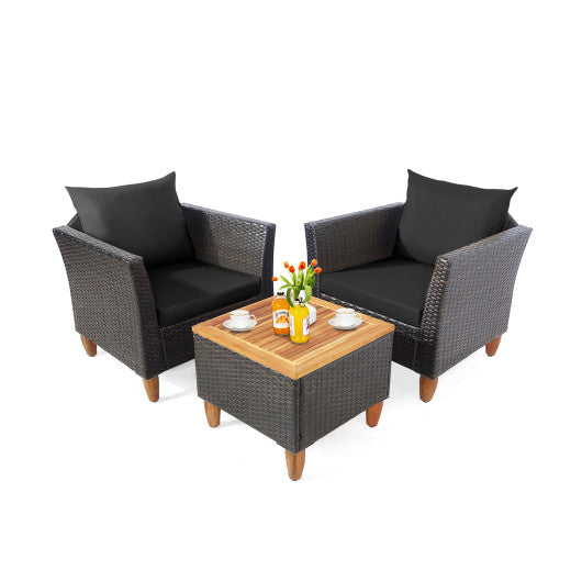 3 Pieces Patio Rattan Bistro Furniture Set with Wooden Table Top-Black