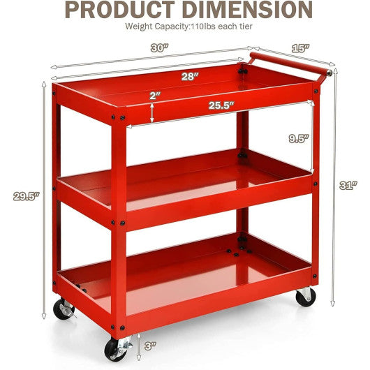 3-Tier Utility Cart Metal Mental Storage Service Trolley-Red - Set Shop and Smile