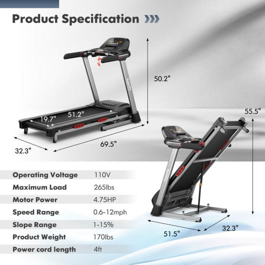 4.75 HP Folding Treadmill with Auto Incline and 20 Preset Programs-Black - Set Shop and Smile