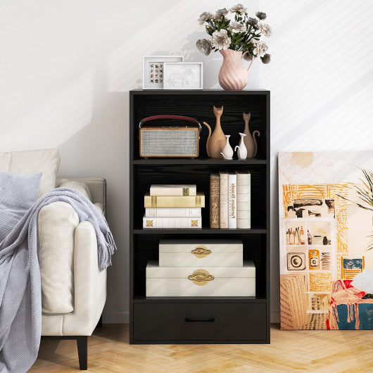 4-Tier Storage Bookcase with Open Shelves Drawer and Anti-toppling Device-Natural - Set Shop and Smile