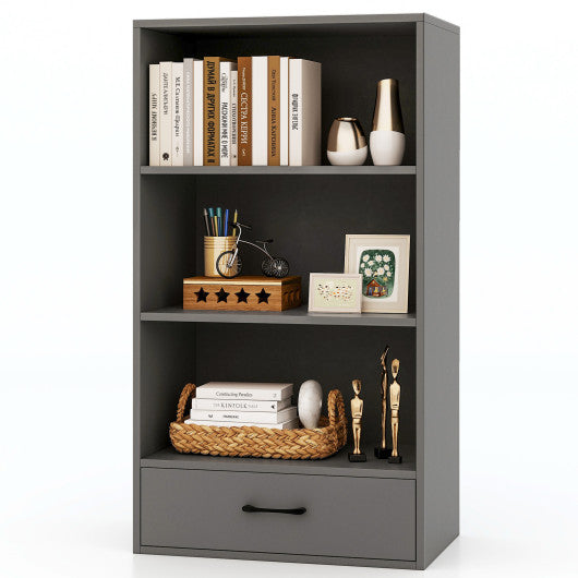 48 Inch Tall 4 Tiers Wood Bookcase with Drawer-Gray