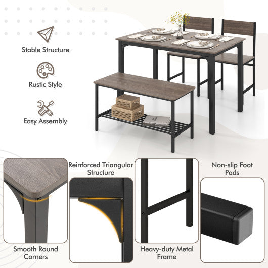 4 Pieces Rustic Dining Table Set with 2 Chairs and Bench-Gray - Set Shop and Smile