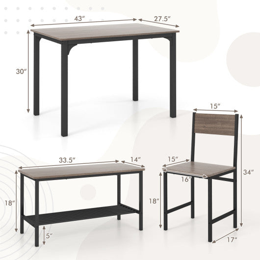 4 Pieces Rustic Dining Table Set with 2 Chairs and Bench-Gray - Set Shop and Smile