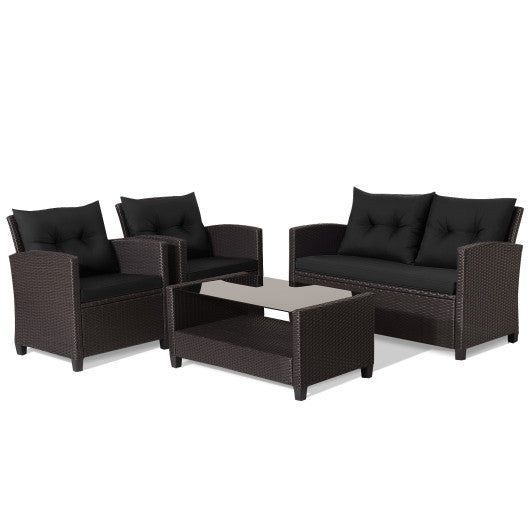 4 Pieces Patio Rattan Furniture Set with Tempered Glass Coffee Table-Black - Set Shop and Smile