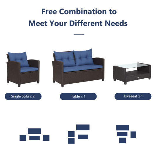 4 Pieces Patio Rattan Furniture Set with Tempered Glass Coffee Table-Navy - Set Shop and Smile