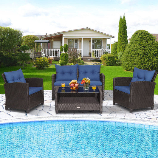 4 Pieces Patio Rattan Furniture Set with Tempered Glass Coffee Table-Navy - Set Shop and Smile