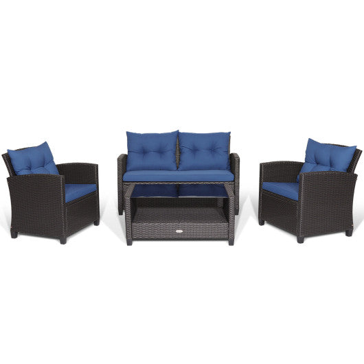 4 Pieces Patio Rattan Furniture Set with Tempered Glass Coffee Table-Navy - Set Shop and Smile