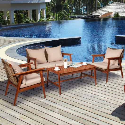 4 Piece Acacia Wood Patio Rattan Furniture Set-Navy - Set Shop and Smile