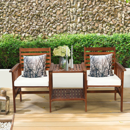 3 pcs Outdoor Patio Table Chairs Set Acacia Wood Loveseat-Red - Set Shop and Smile