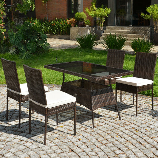 5 Pieces Outdoor Patio Rattan Dining Set with Glass Top with Cushions - Set Shop and Smile