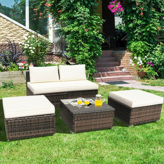 5 Pieces Patio Rattan Furniture Set with Cushioned Armless Sofa-Red - Set Shop and Smile
