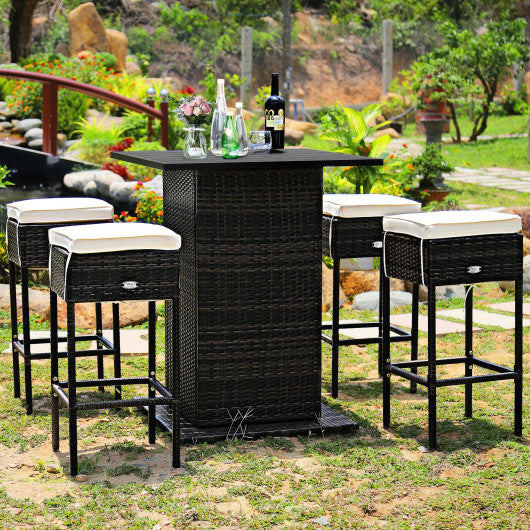 5 Pieces Patio Rattan Bar Table Stool Set Hidden Storage Shelf Cushioned-Navy - Set Shop and Smile