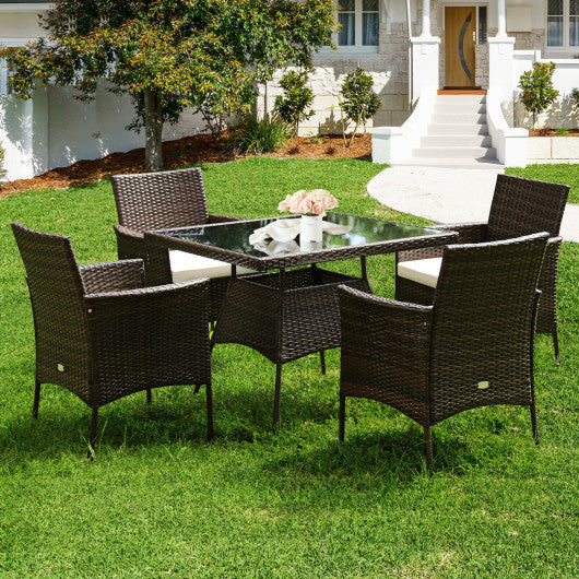 5 Pieces Patio Rattan Dining Furniture Set with Arm Chair and Wooden Table Top - Set Shop and Smile