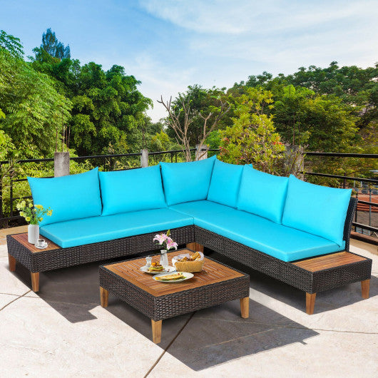 4 Pieces Patio Cushioned Rattan Furniture Set with Wooden Side Table-Navy - Set Shop and Smile