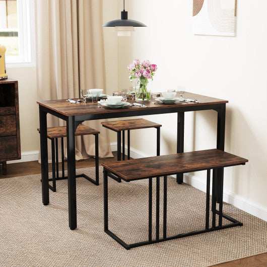 4 Pieces Industrial Dining Table Set with Bench and 2 Stools-Brown