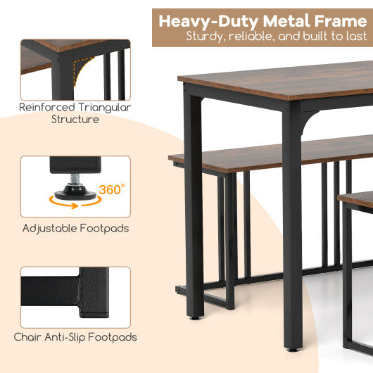 4 Pieces Industrial Dining Table Set with Bench and 2 Stools-Brown