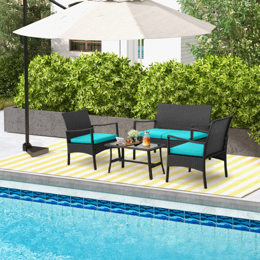 4 Pieces Outdoor Rattan Conversation Set with Tempered Glass Coffee Table-Navy - Set Shop and Smile