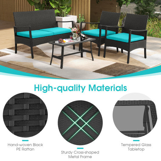 4 Pieces Outdoor Rattan Conversation Set with Tempered Glass Coffee Table-Navy - Set Shop and Smile