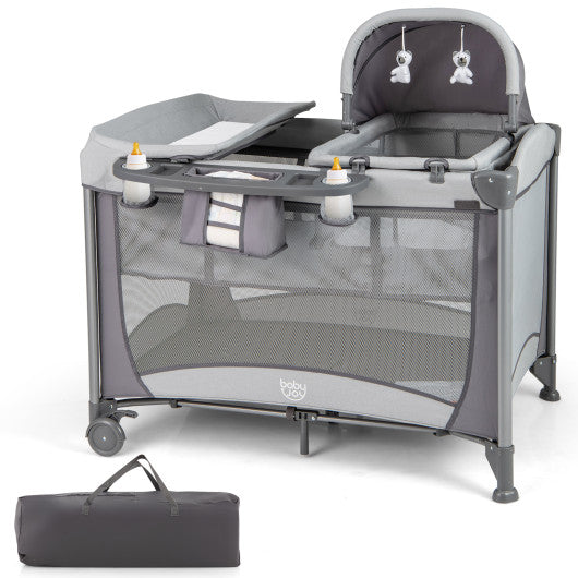5-in-1 Portable Baby Playard with Cradle and Storage Basket-Gray - Set Shop and Smile