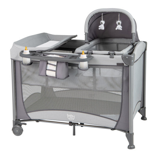 5-in-1 Portable Baby Playard with Cradle and Storage Basket-Gray - Set Shop and Smile