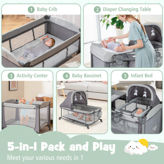 5-in-1 Portable Baby Playard with Cradle and Storage Basket-Gray - Set Shop and Smile
