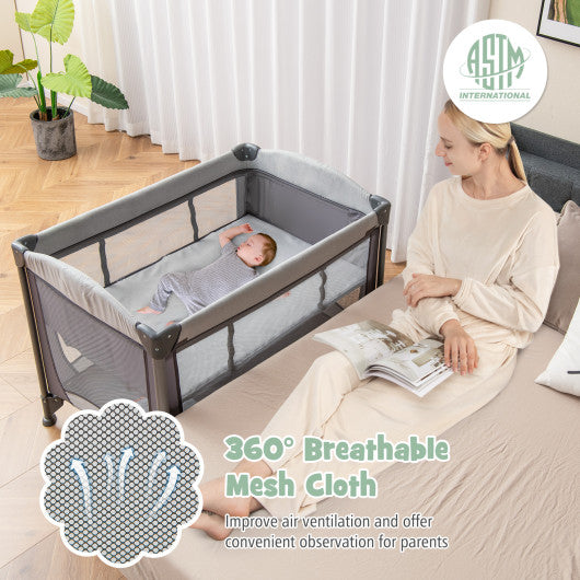 5-in-1 Portable Baby Playard with Cradle and Storage Basket-Gray - Set Shop and Smile