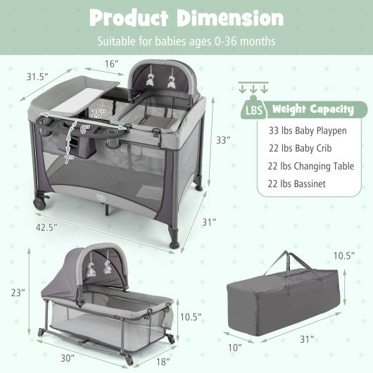 5-in-1 Portable Baby Playard with Cradle and Storage Basket-Gray - Set Shop and Smile