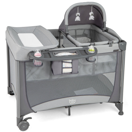 5-in-1 Portable Baby Playard with Cradle and Storage Basket-Gray - Set Shop and Smile