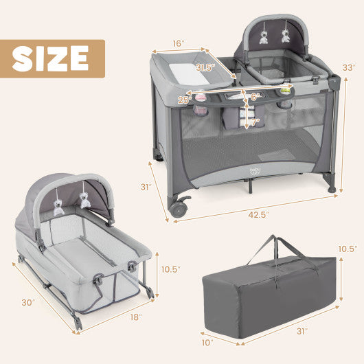 5-in-1 Portable Baby Playard with Cradle and Storage Basket-Gray - Set Shop and Smile