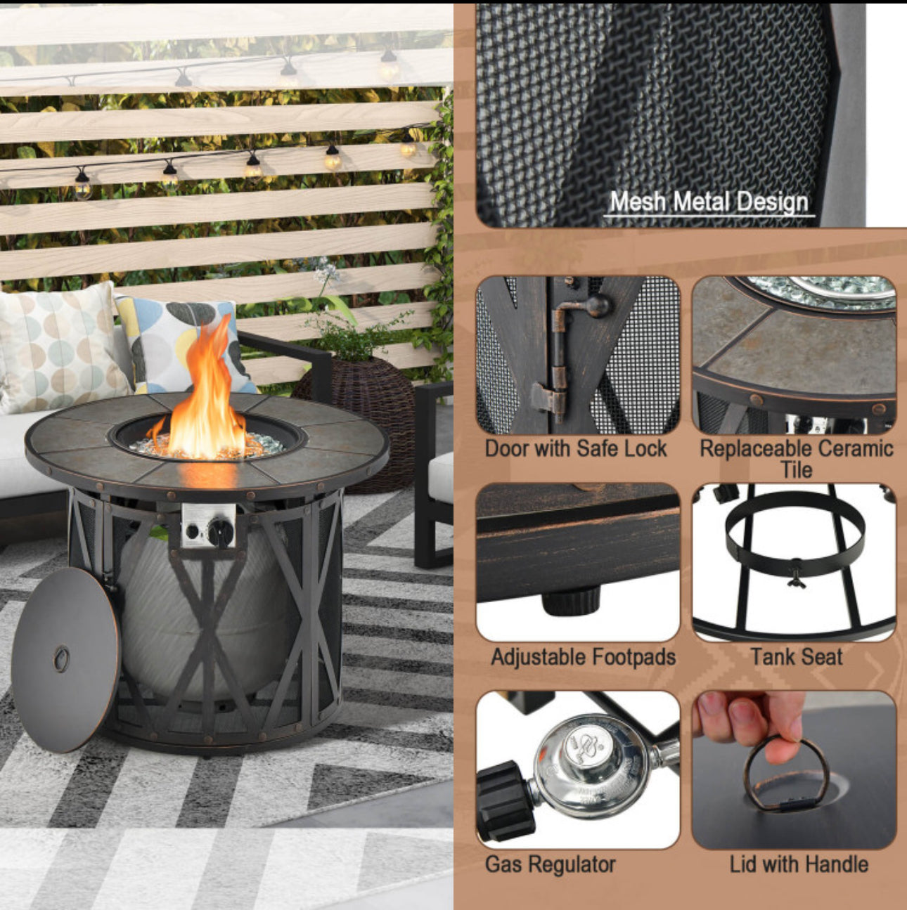 32 Inch 30000BTU Fire Pit Table with Fire Glasses and PVC Cover