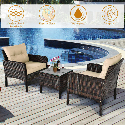 3 Pcs Outdoor Patio Rattan Conversation Set with Seat Cushions-Black - Set Shop and Smile