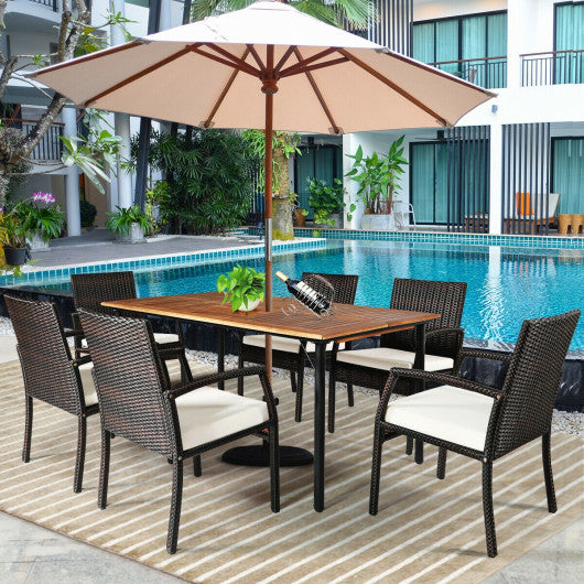 7 Pieces Patio Rattan Cushioned Dining Set with Umbrella Hole-Black - Set Shop and Smile
