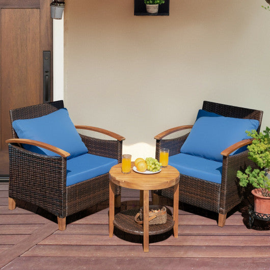 3 Pieces Patio Rattan Furniture Set with Washable Cushion and Acacia Wood Tabletop-Beige - Set Shop and Smile