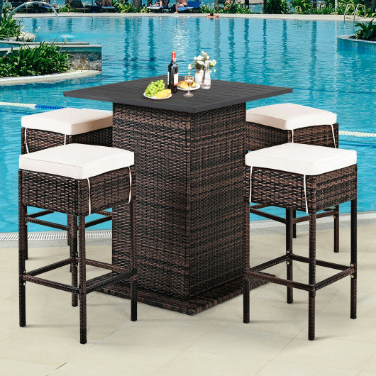 5 Pieces Patio Rattan Bar Table Stool Set Hidden Storage Shelf Cushioned-Navy - Set Shop and Smile