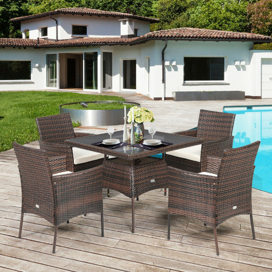 5 Pieces Patio Rattan Dining Furniture Set with Arm Chair and Wooden Table Top - Set Shop and Smile