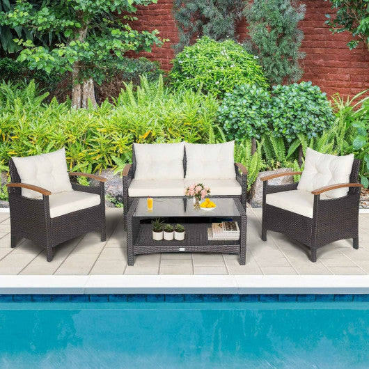 4 Pieces Patio Rattan Furniture Set with Cushioned Sofa and Storage Table-Navy - Set Shop and Smile
