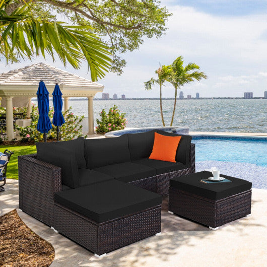 5 Pieces Patio Sectional Rattan Furniture Set with Ottoman Table-Black - Set Shop and Smile