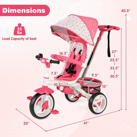 4-in-1 Detachable Baby Stroller Tricycle with Round Canopy -Pink - Set Shop and Smile
