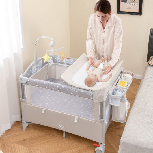 5-in-1 Portable Baby Beside Sleeper Bassinet Crib Playard with Diaper Changer-Beige