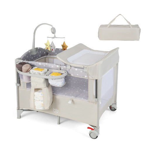 5-in-1 Portable Baby Beside Sleeper Bassinet Crib Playard with Diaper Changer-Beige