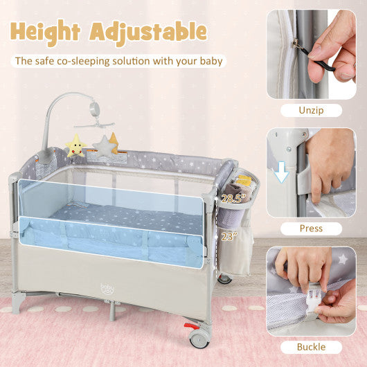 5-in-1 Portable Baby Beside Sleeper Bassinet Crib Playard with Diaper Changer-Beige