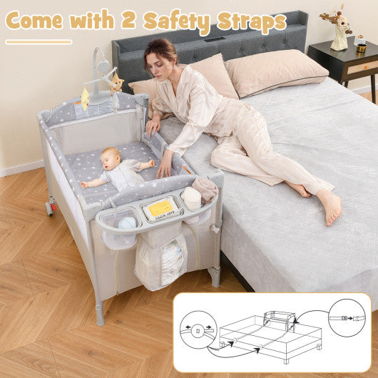 5-in-1 Portable Baby Beside Sleeper Bassinet Crib Playard with Diaper Changer-Beige