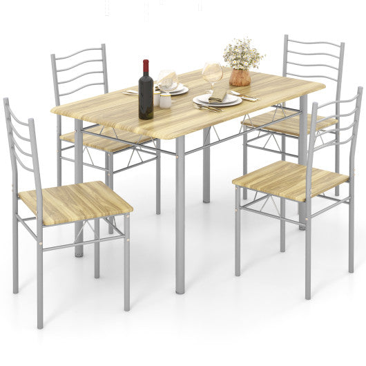 5 Pieces Wood Metal Dining Table Set with 4 Chairs-Walnut - Set Shop and Smile