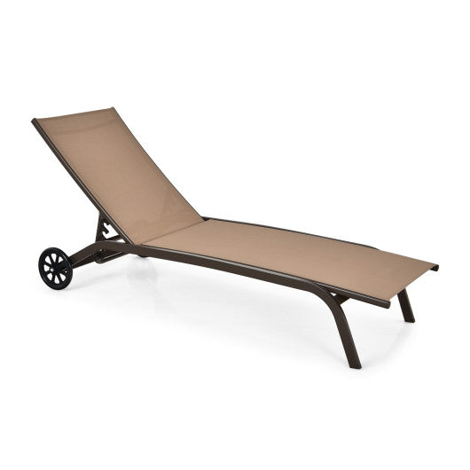 6-Poisition Adjustable Outdoor Chaise Recliner with Wheels-Brown - Set Shop and Smile