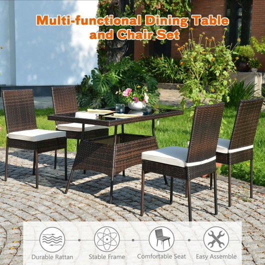 5 Pieces Outdoor Patio Rattan Dining Set with Glass Top with Cushions - Set Shop and Smile