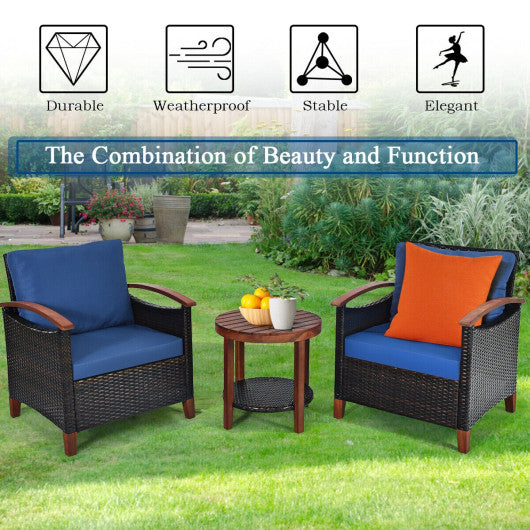 3 Pieces Patio Rattan Furniture Set with Washable Cushion and Acacia Wood Tabletop-Beige - Set Shop and Smile